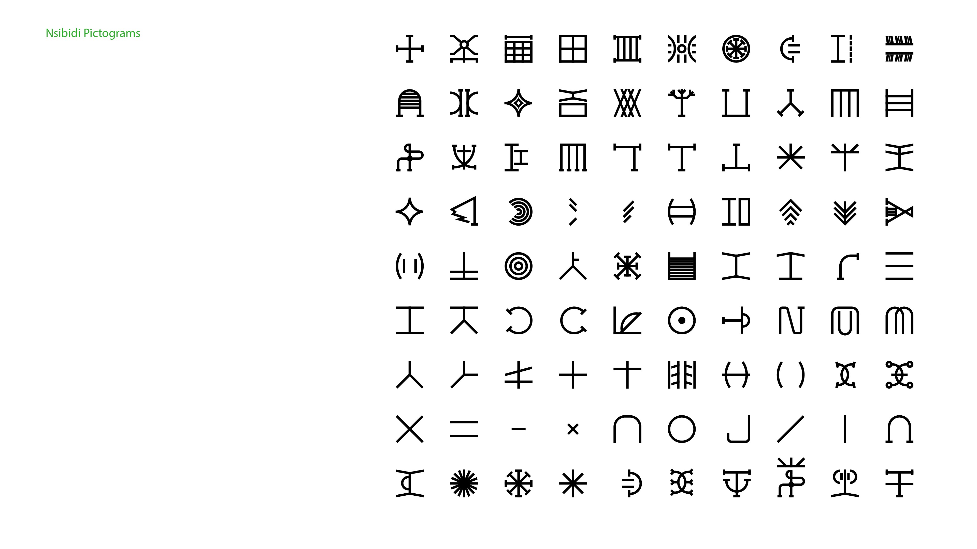 Reference sheet of Nsibidi symbols arranged in a grid