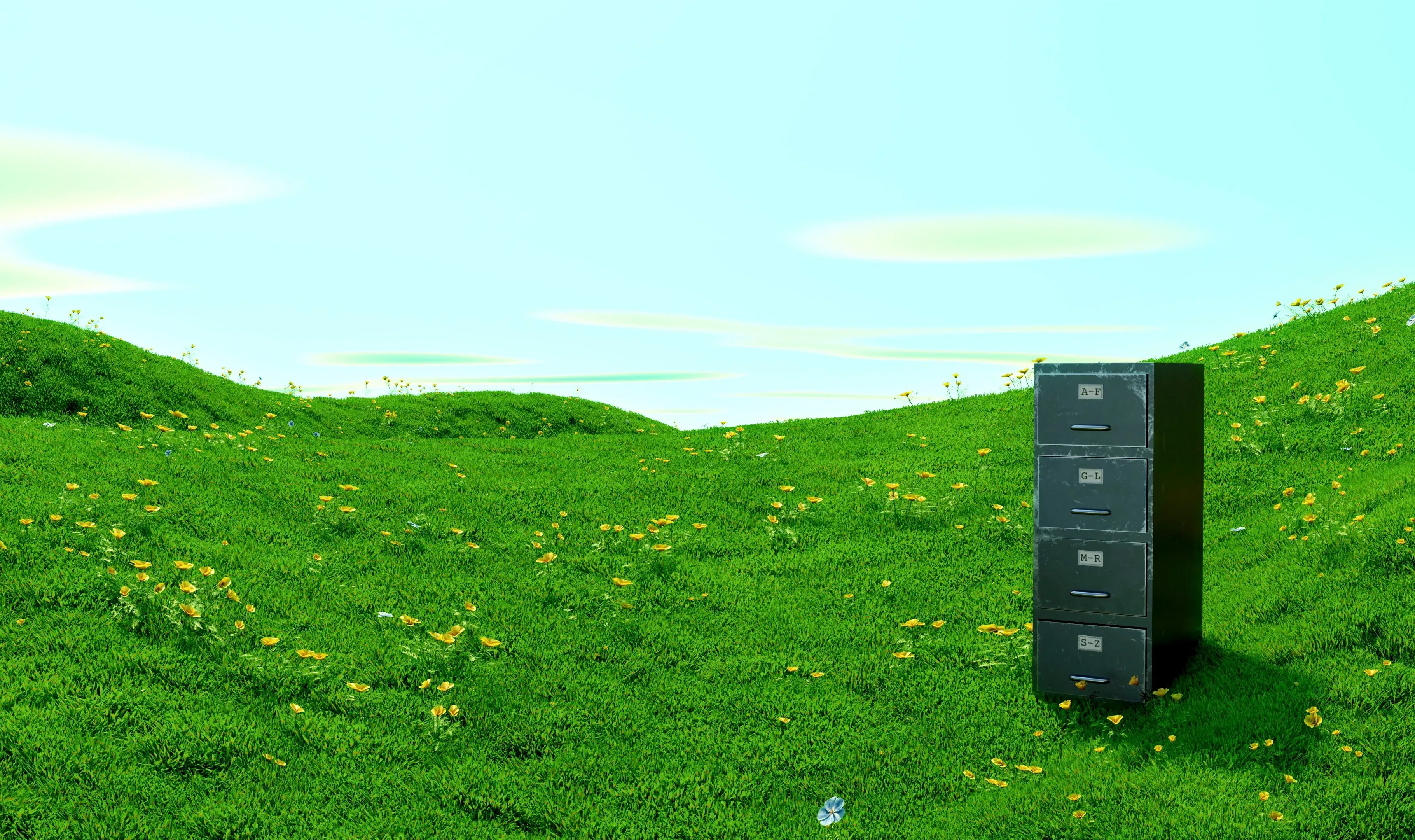 Epic School 3D landscape with a filing cabinet in a field