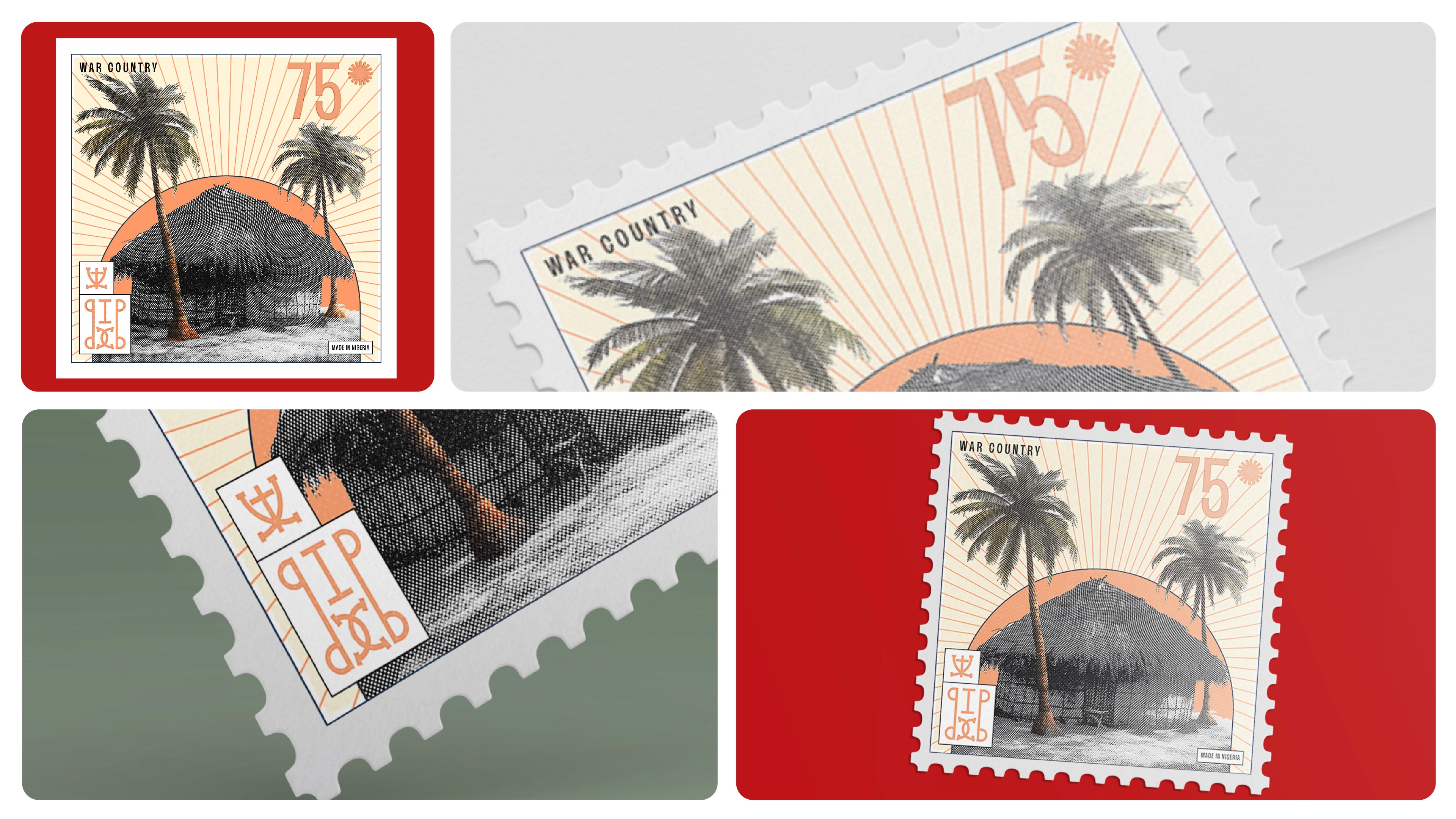 Postage stamp studies with symbols, palm trees and Nigerian architecture