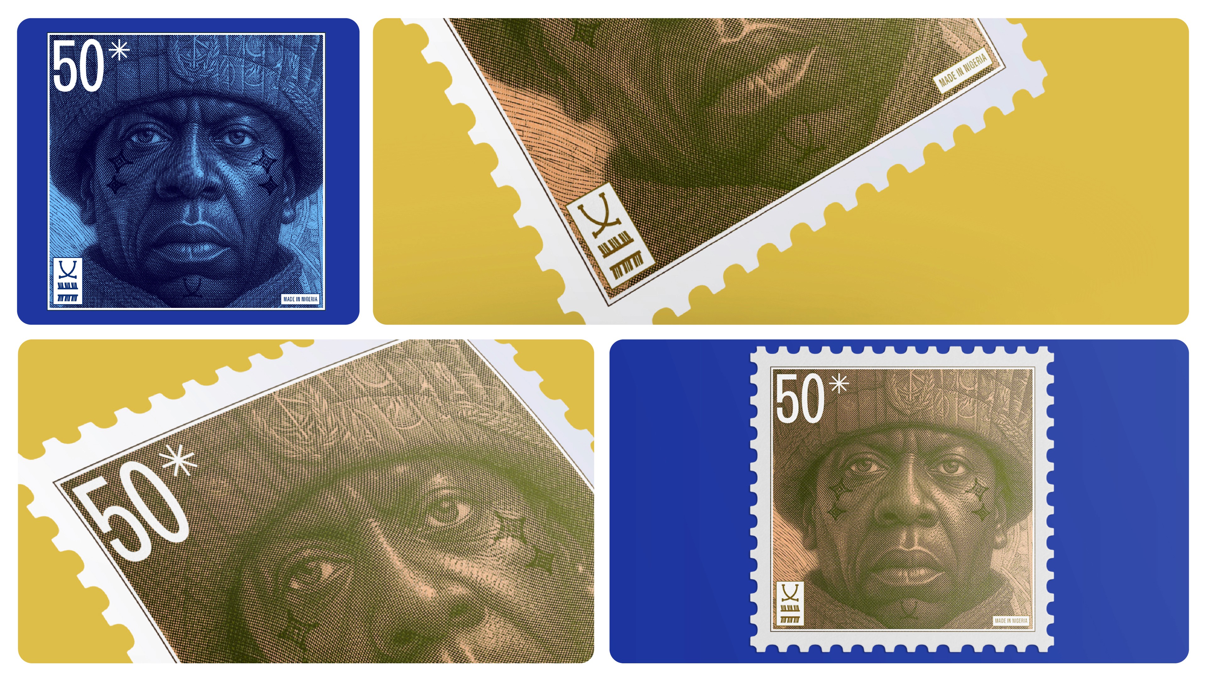 Blue and yellow postage stamp studies built around a portrait