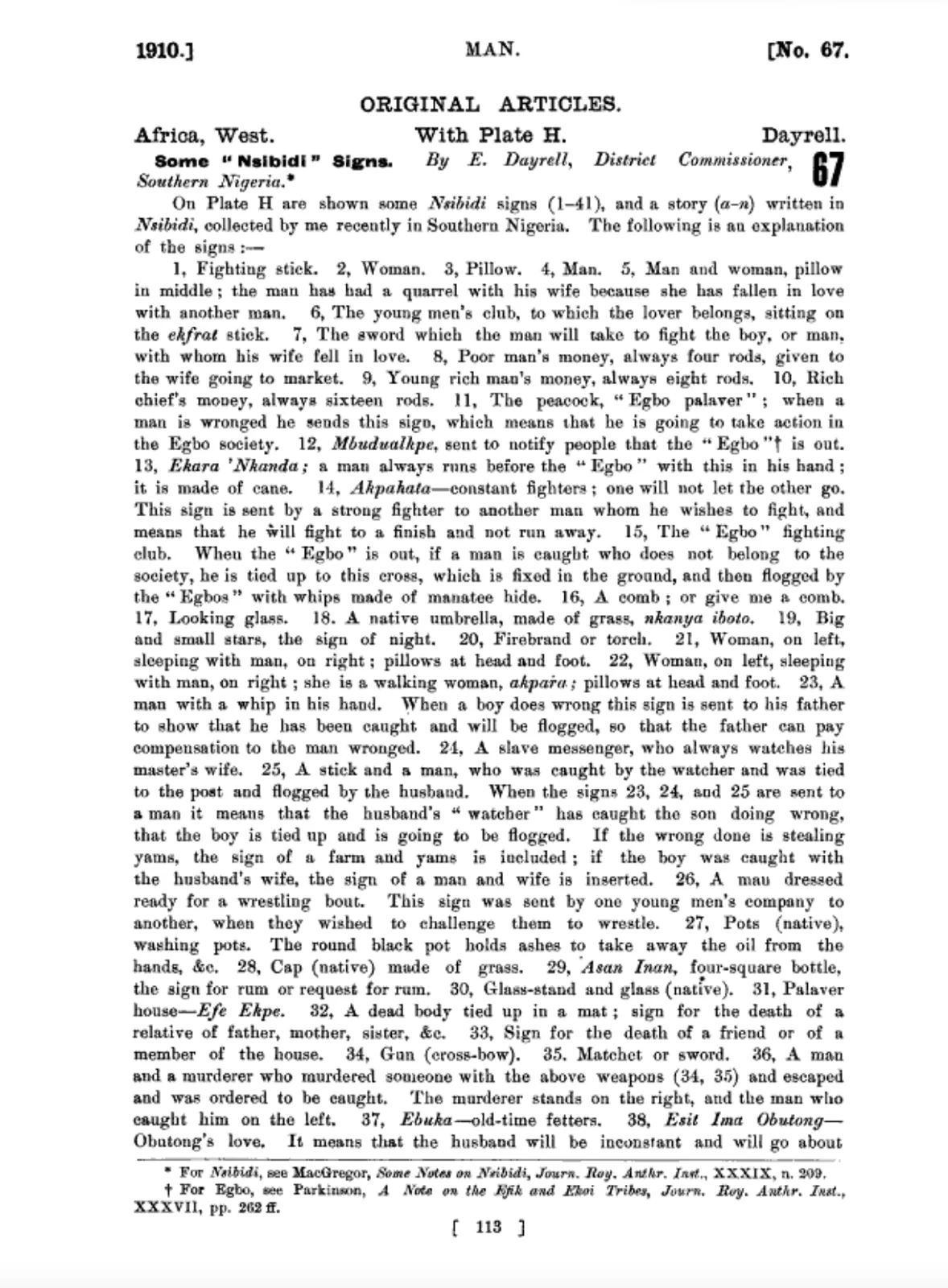 Dayrell (1910). Page 113: the meanings of signs 1 to 38.