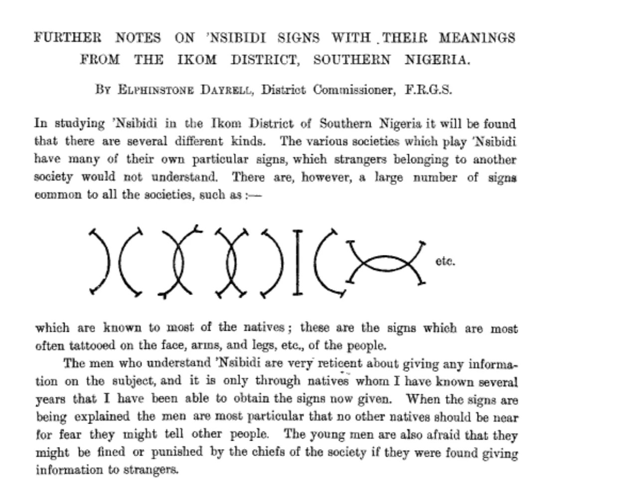 Dayrell (1911). The opening of the article: title, author, and the common signs that are “most often tattooed on the face, arms, and legs”.