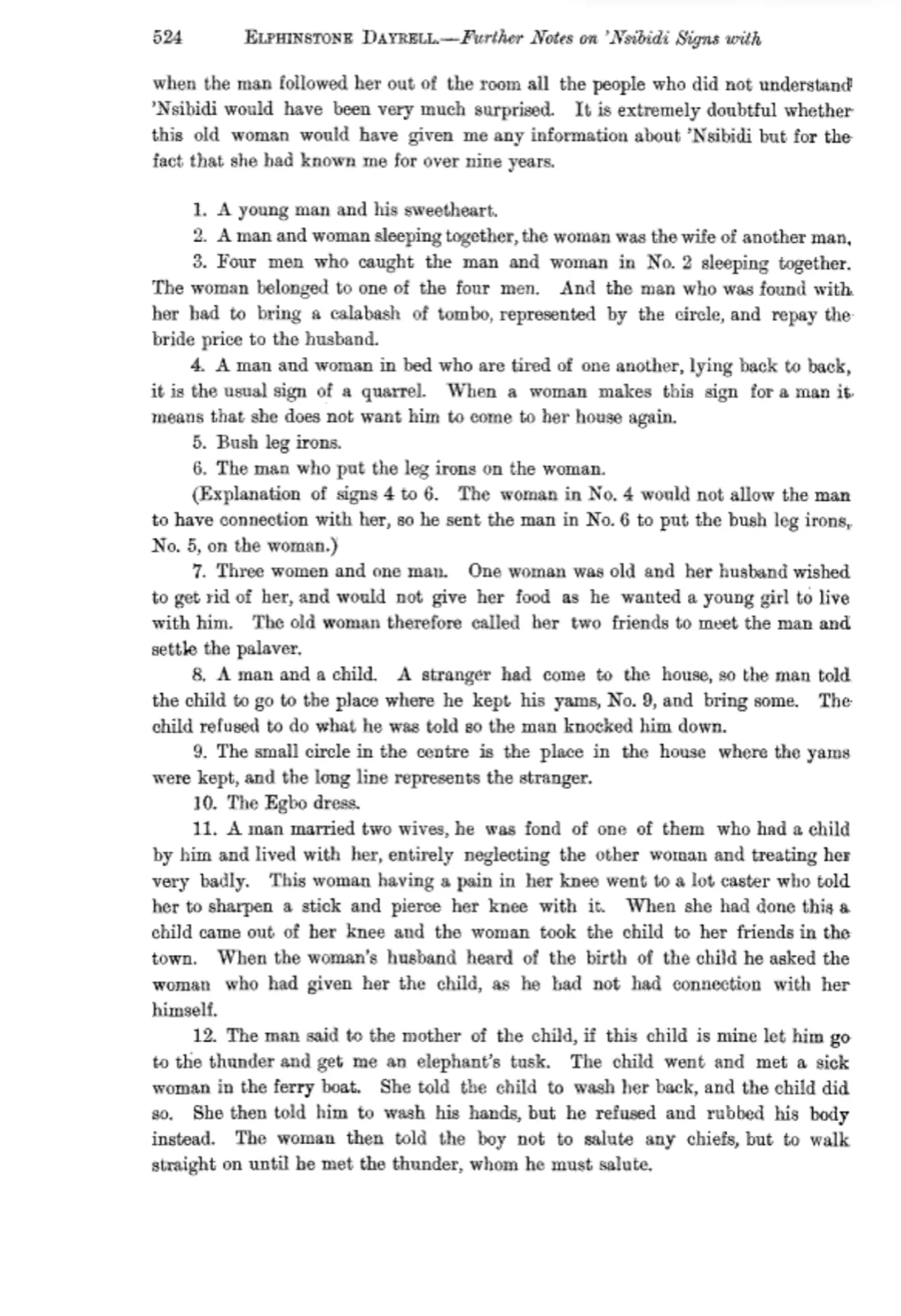 Dayrell (1911). Page 524: numbered meanings of signs 1 to 12.