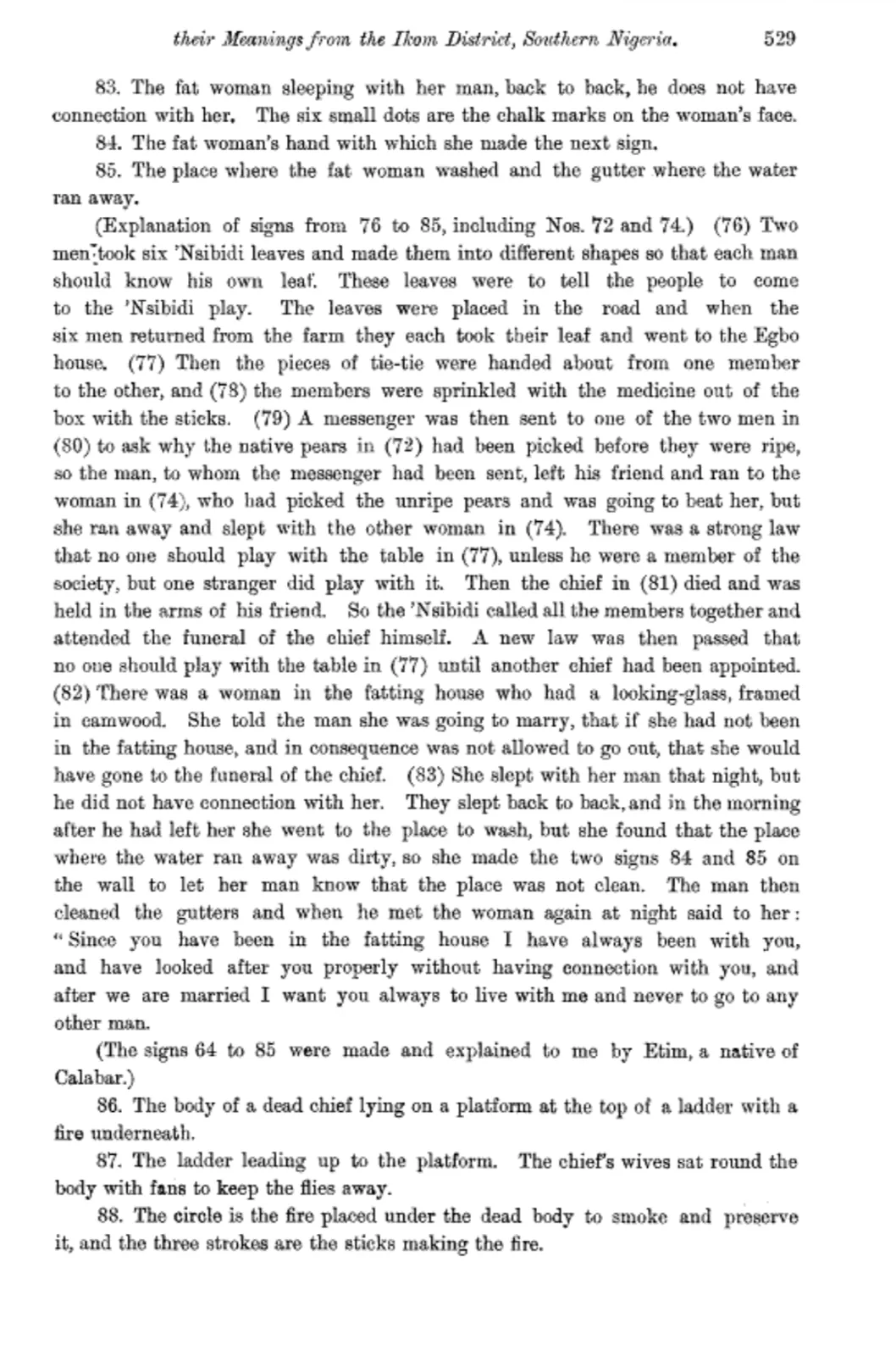 Dayrell (1911). Page 529: meanings of signs 83 to 88, with the story behind signs 76 to 85.