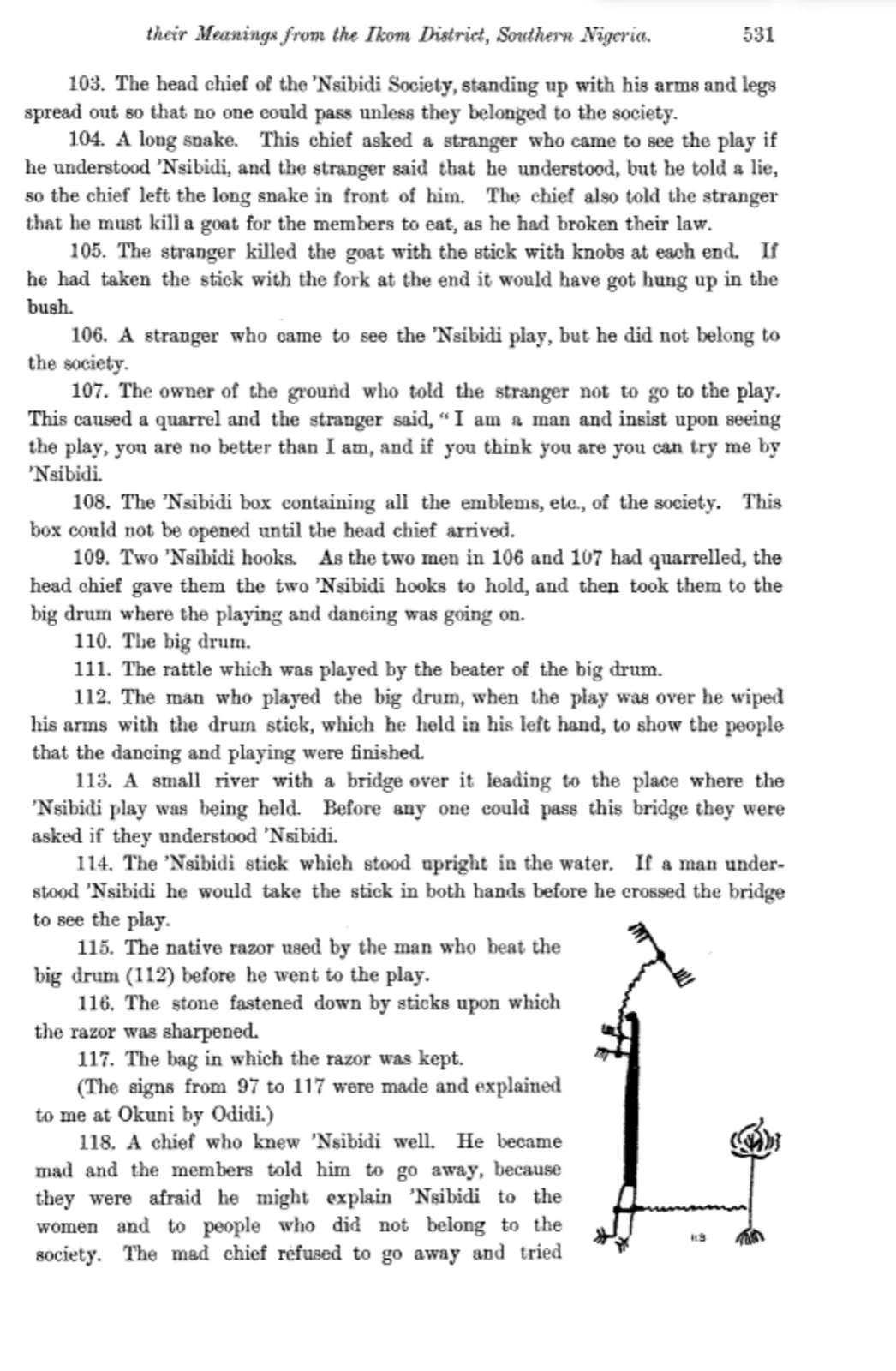 Dayrell (1911). Page 531: meanings of signs 103 to 118, with a drawing of a figure holding a stick.