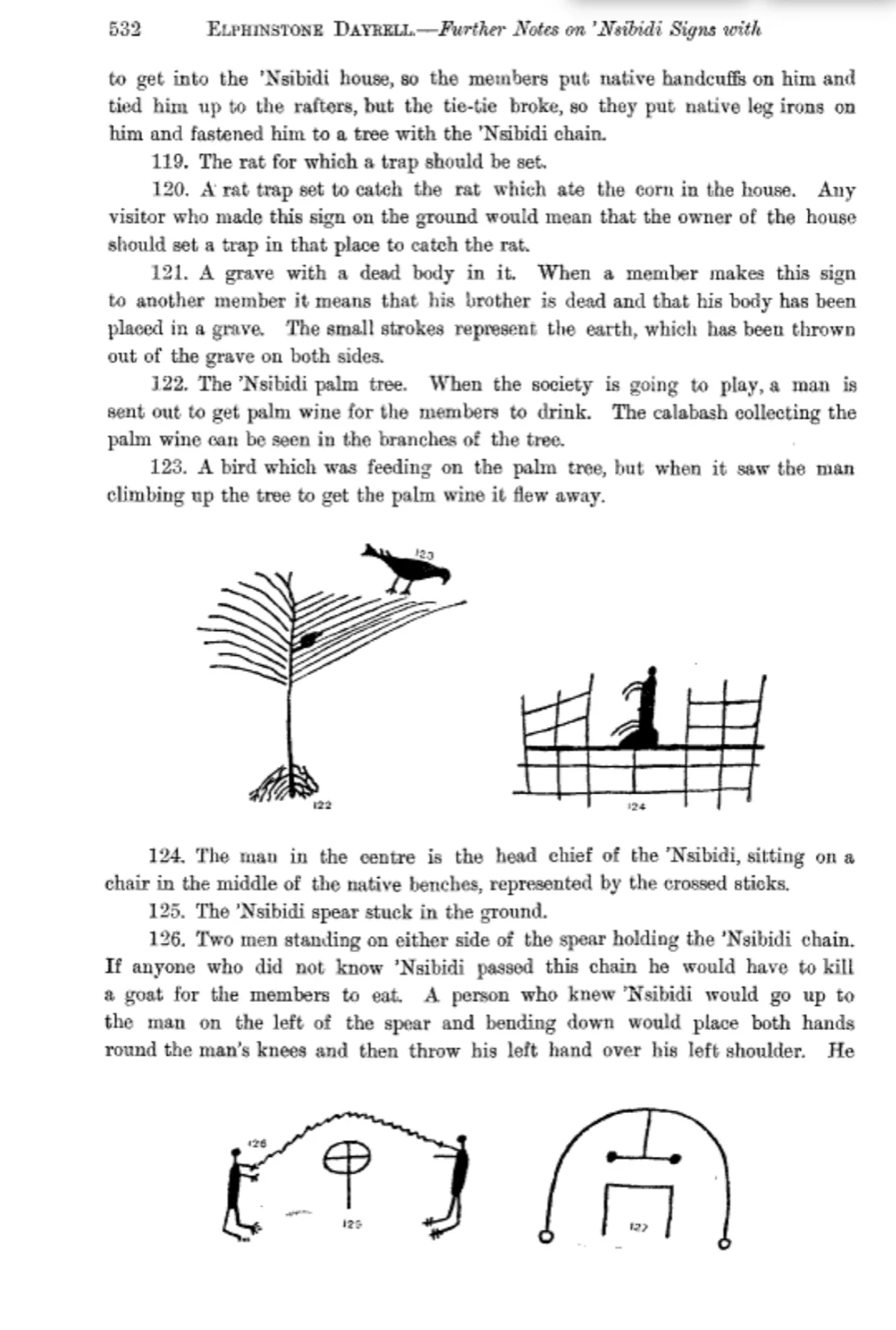 Dayrell (1911). Page 532: meanings of signs 119 to 126, with drawings of a bird on a palm tree and other signs.
