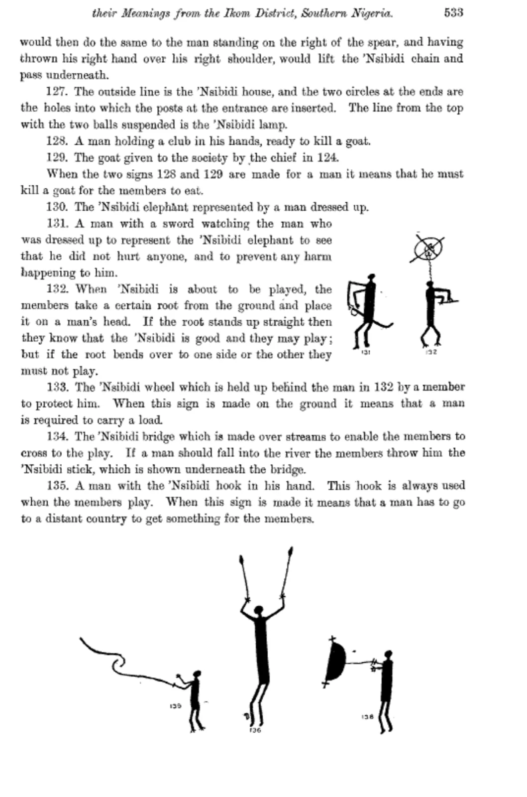 Dayrell (1911). Page 533: meanings of signs 127 to 135, with drawings of figures.