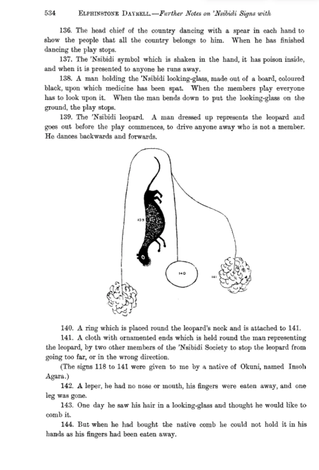 Dayrell (1911). Page 534: meanings of signs 136 to 144, with a drawing of the ’Nsibidi leopard (sign 139).