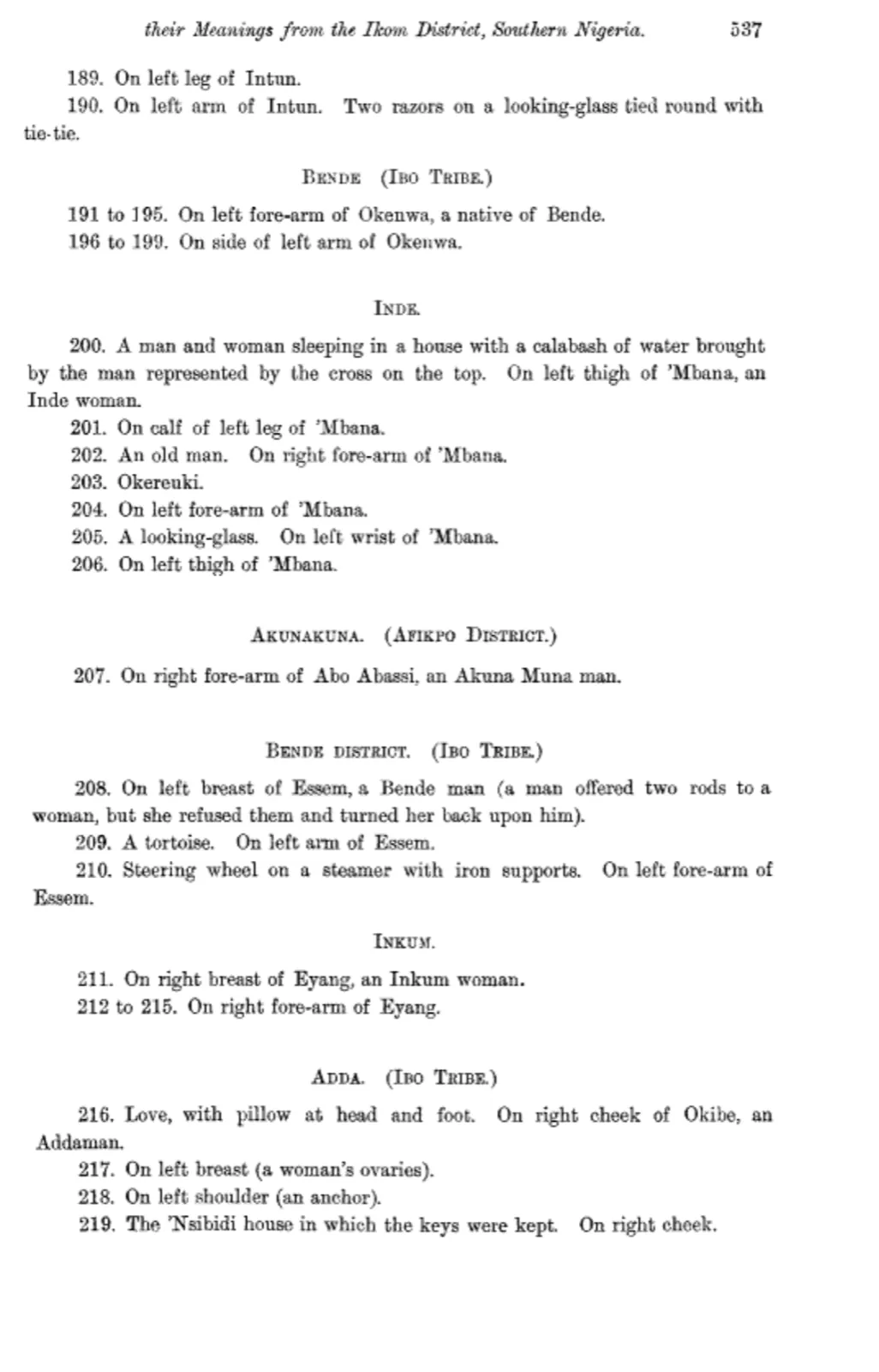 Dayrell (1911). Page 537: signs 189 to 219, by district and tribe.
