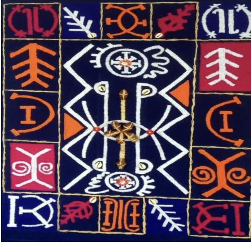 An embroidered textile panel on dark blue: Nsibidi signs in white, orange and red in a grid of squares around a central figure, with cowrie shells sewn on.