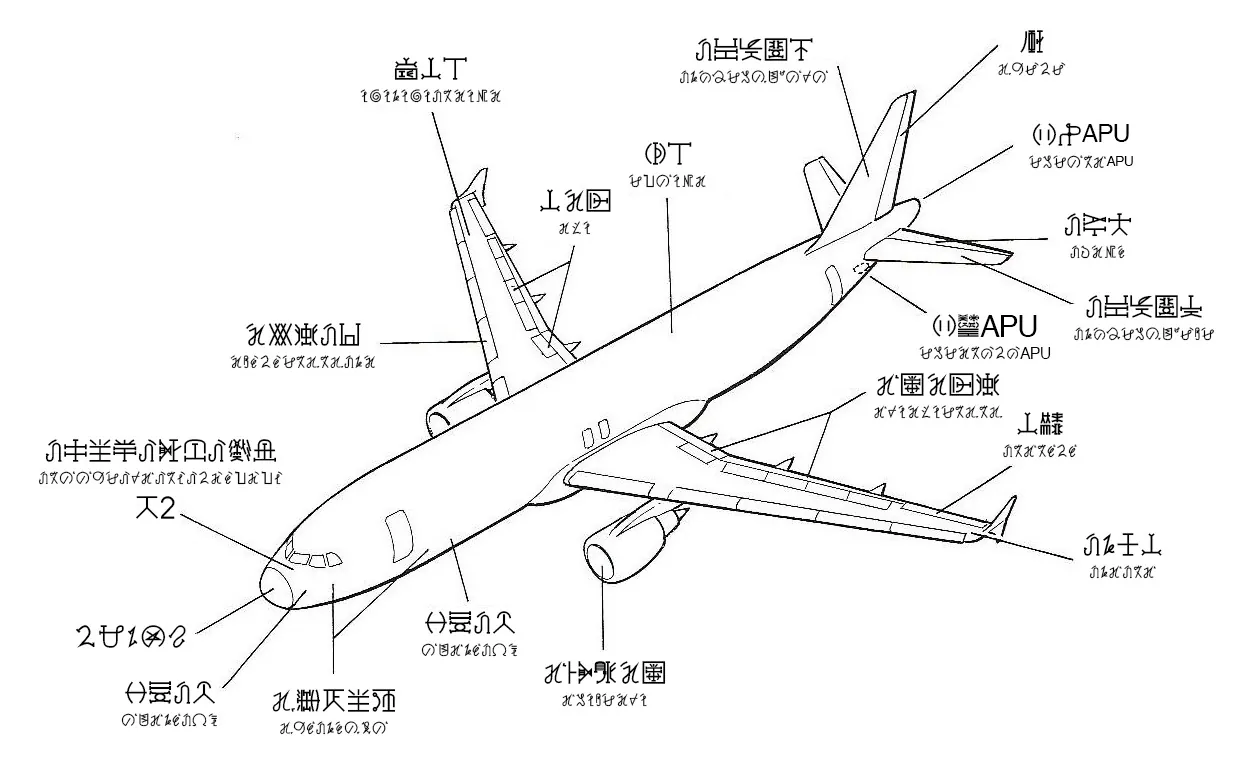 A line drawing of a twin-engine airliner with its parts (wings, tail, engines, nose, APU) labelled in Nsibiri characters with smaller Akagu spellings.
