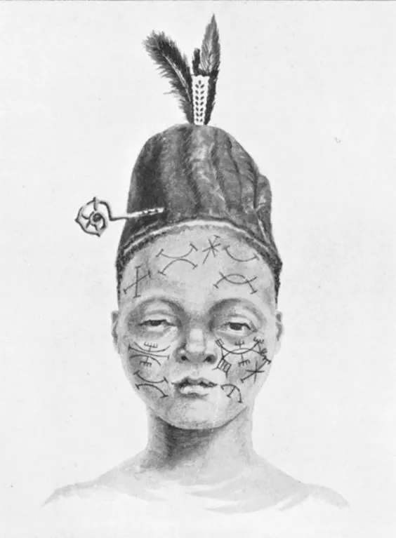 A monochrome painted portrait of a young person in a tall cap with two feathers and a pin, with Nsibidi signs drawn on the forehead and both cheeks.