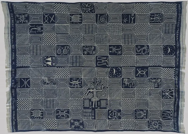 An indigo ukara cloth laid out flat: a grid of squares with concentric rectangles and checks, white Nsibidi figures, animals and signs, and names written along the borders.